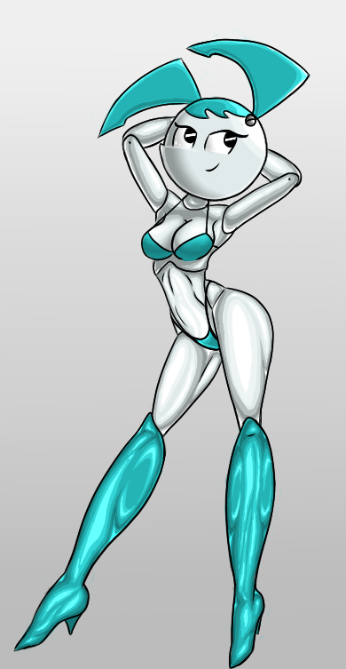 1girls 2d black_eyes blue_bikini cleavage female female_only humanoid jenny_wakeman leaning my_life_as_a_teenage_robot nickelodeon robot robot_girl robot_humanoid smiling solo velenor white_background xj-9