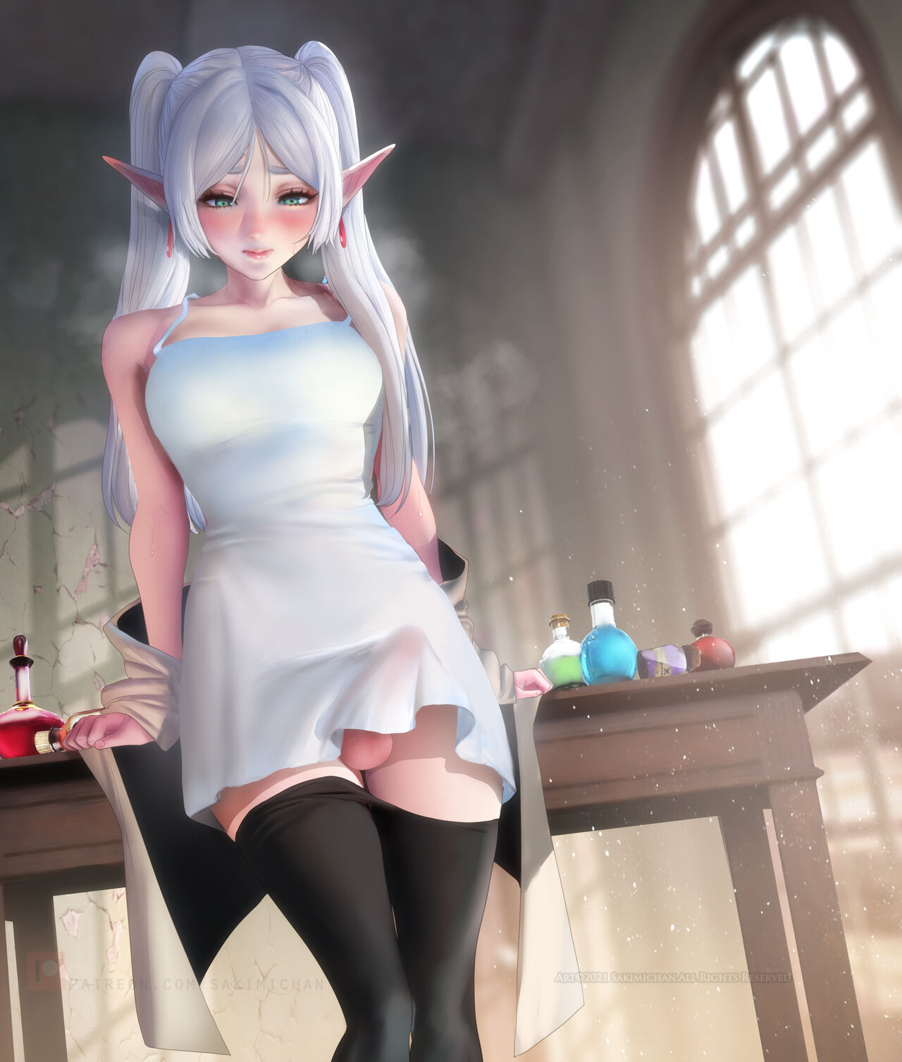 black_stockings elf elf_ears elf_female female_only frieren frieren_beyond_journey's_end futa_on_female futa_only futanari leaning_back long_hair magical_girl no_bra no_panties penis penis_out sakimichan small_breasts sousou_no_frieren standing thick_thighs thighs twintails white_dress white_hair