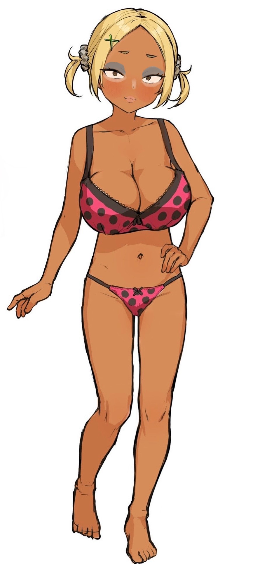 1girls, 2d, belly, blonde hair, breasts, brown body, dandadan, edit, edited, female, ganguro, gyaru, muko (dandadan), solo, third-party edit, undressing, white background