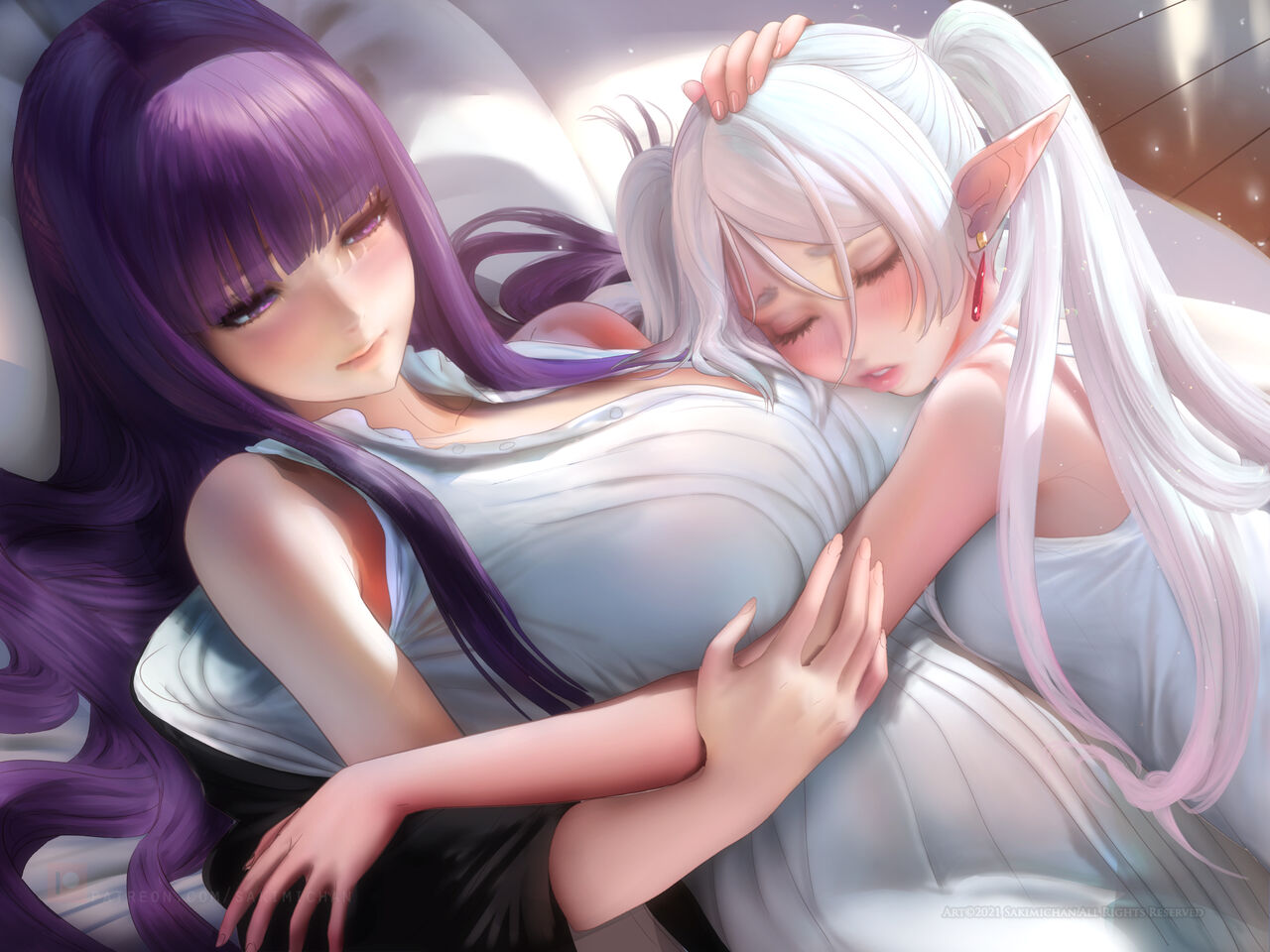 2girls big_breasts dream elf elf_ears elf_female elf_girl fern_(sousou_no_frieren) frieren frieren_beyond_journey's_end hugging laying_on_bed laying_on_breasts long_hair purple_hair sakimichan sleeping sousou_no_frieren white_dress