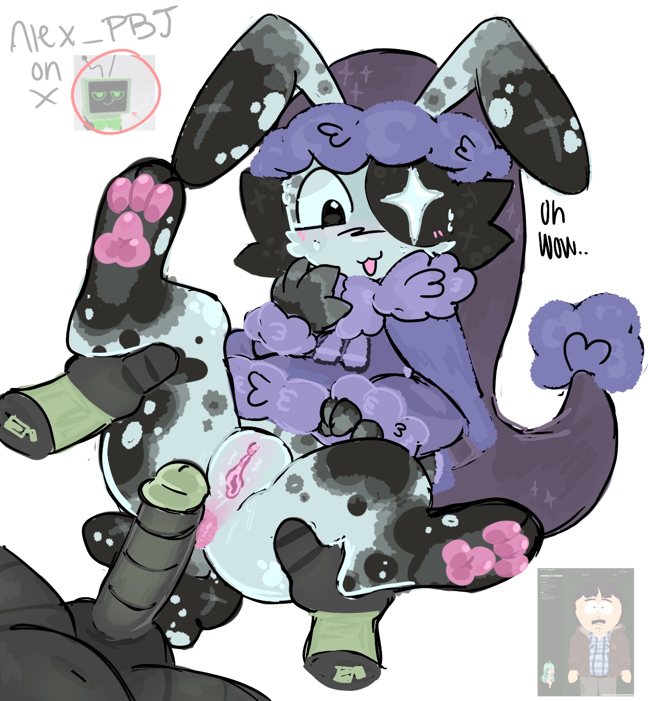 1boy, 1futa, 1girls, alex pbj, anthro, anus, astro (dandy's world), before penetration, before sex, cuntboy, cuntboy/male, dandy's world, dandys world, dark markings, female, fluffy, furry, futanari, intersex, male, markings, nervous smile, paws, penis, penis against ass, penis between ass, pussy, pussy juice, raised leg, robot girl, star (symbol), suprised expression, text, vee (dandy's world)