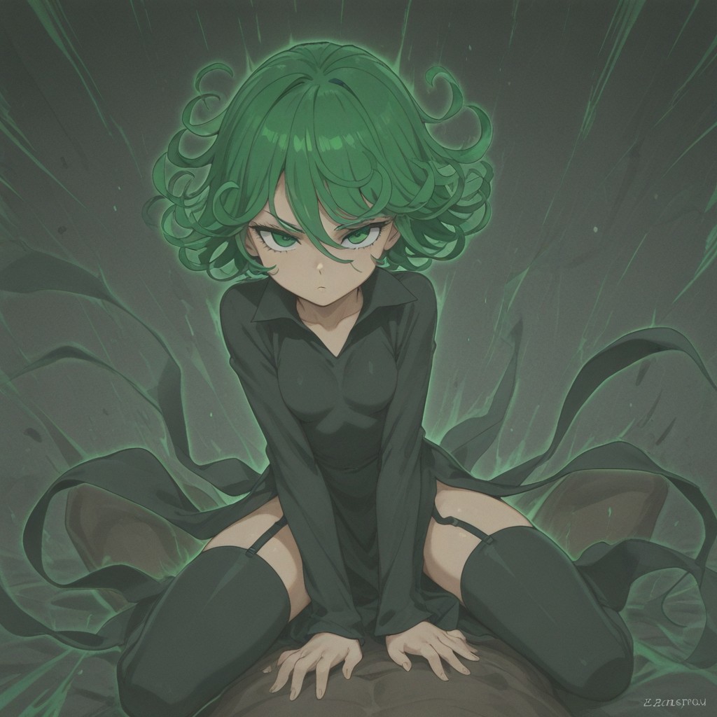 ai_generated aura black_dress civitai clothed clothed_sex clothing cowgirl_position dress garter_straps green_eyes green_hair legwear one-punch_man stockings tagme tatsumaki