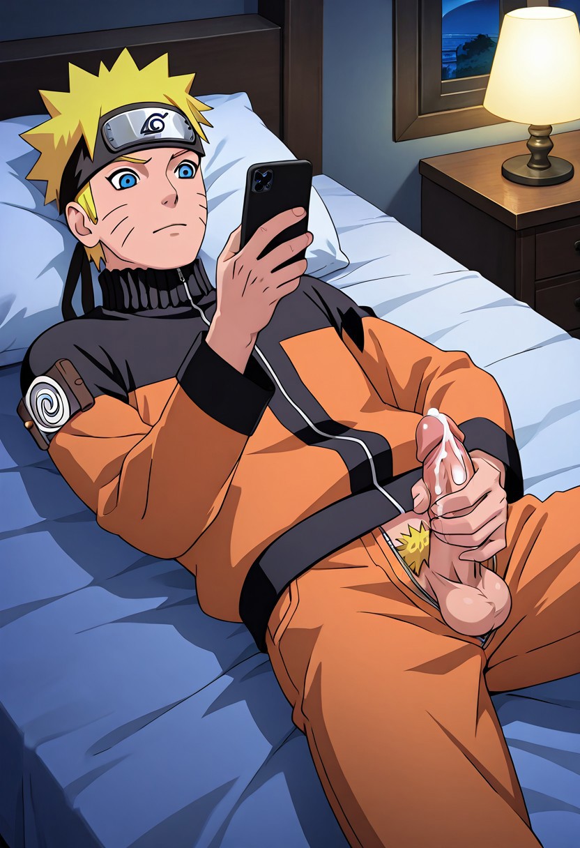 ai_generated bedroom blonde_hair blonde_pubic_hair cum jerking laying_on_bed male_focus male_only masturbation naruto naruto_(series) smartphone uzumaki_naruto watching_porn yaoi