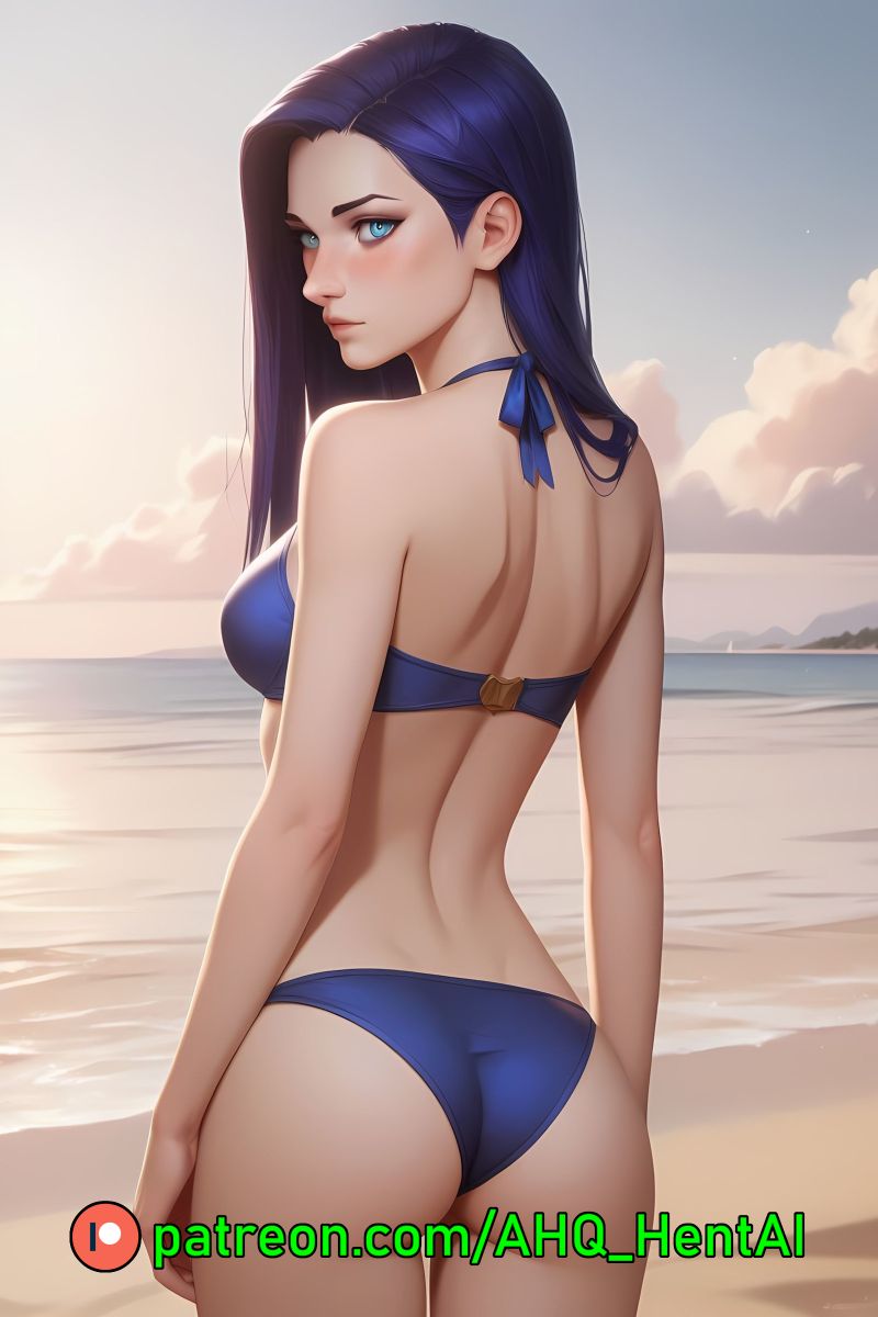 ahq_hentai ai_generated arcane arcane_caitlyn beach bikini blue_bikini blue_hair blush caitlyn_kiramman female league_of_legends patreon perfect_body shy stable_diffusion standing