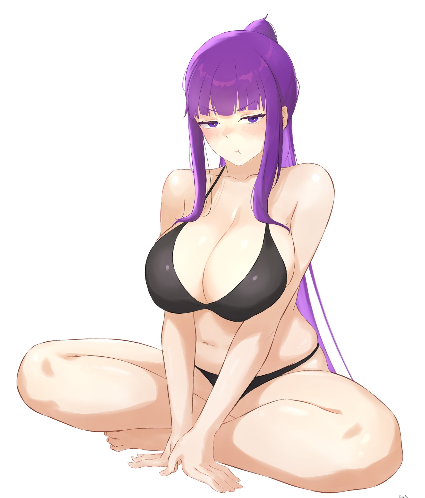 bikini, black bikini, blush, breasts, dial kasper, dialkasper, feet, female, fern (sousou no frieren), large breasts, matching hair/eyes, purple eyes, purple hair, simple background, sitting, sousou no frieren, toes, white background
