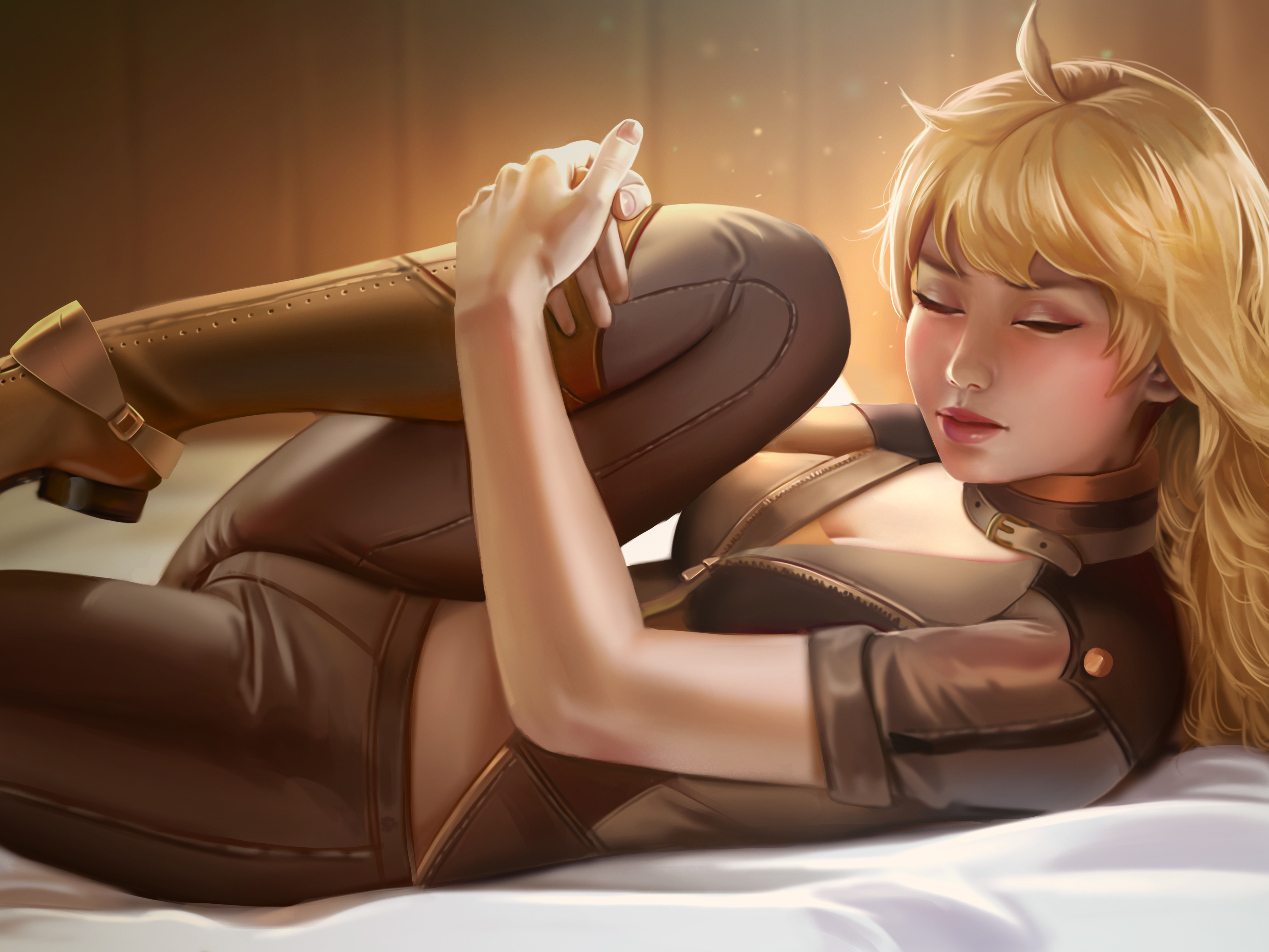 closed eyes, female, hoobamon, rwby, tagme, yang xiao long