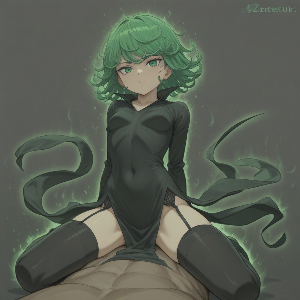 ai_generated aura black_dress civitai clothed clothed_sex clothing cowgirl_position dress garter_straps green_eyes green_hair legwear one-punch_man stockings tagme tatsumaki