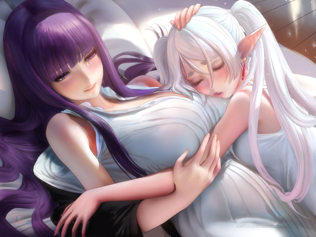 2girls big_breasts dream elf elf_ears elf_female female female_only fern_(sousou_no_frieren) frieren frieren_beyond_journey&#039;s_end laying laying_on_bed laying_on_breasts long_hair multiple_girls purple_hair sakimichan sleeping small_mouth sousou_no_frieren white_dress white_hair white_skin