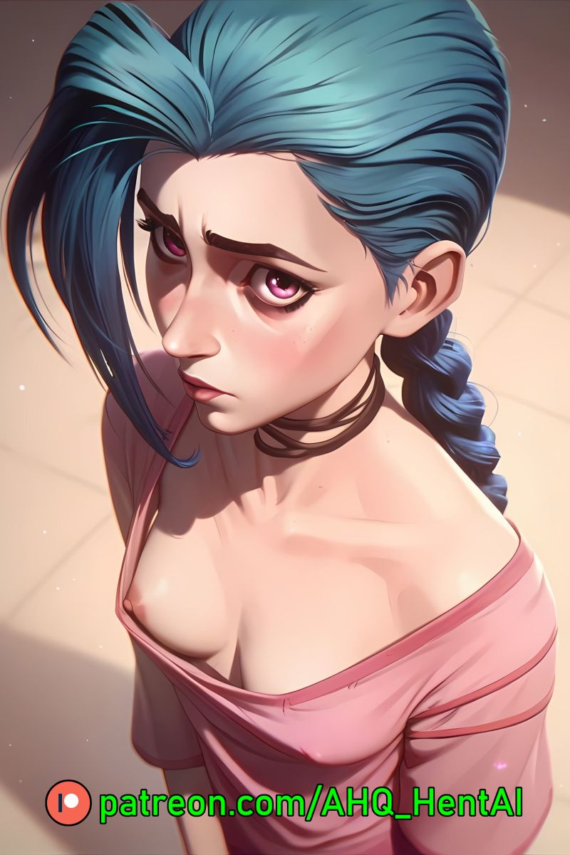 ahq_hentai ai_generated arcane arcane_jinx blue_hair blush breasts exposed_breasts jinx_(league_of_legends) league_of_legends nipples nsfw pajamas pink_eyes shy stable_diffusion