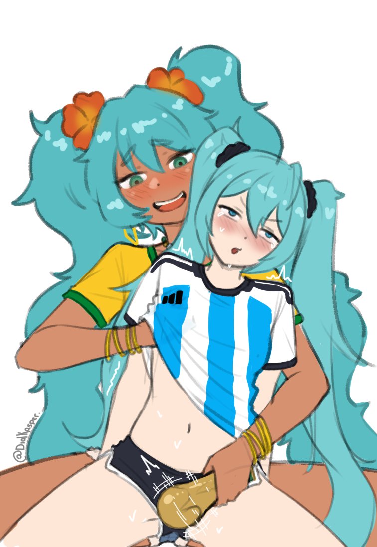 2girls argentinian_miku big_breasts big_thighs blush brazilian_female brazilian_miku breasts cute cyan_eyes cyan_hair dial_kasper dialkasper female female_focus female_only hatsune_miku huge_ass huge_breasts huge_thighs love size_difference tan_body tan_skin tanned tanned_girl thick_hips thick_thighs thighs twintails vocaloid voluptuous voluptuous_female yuri