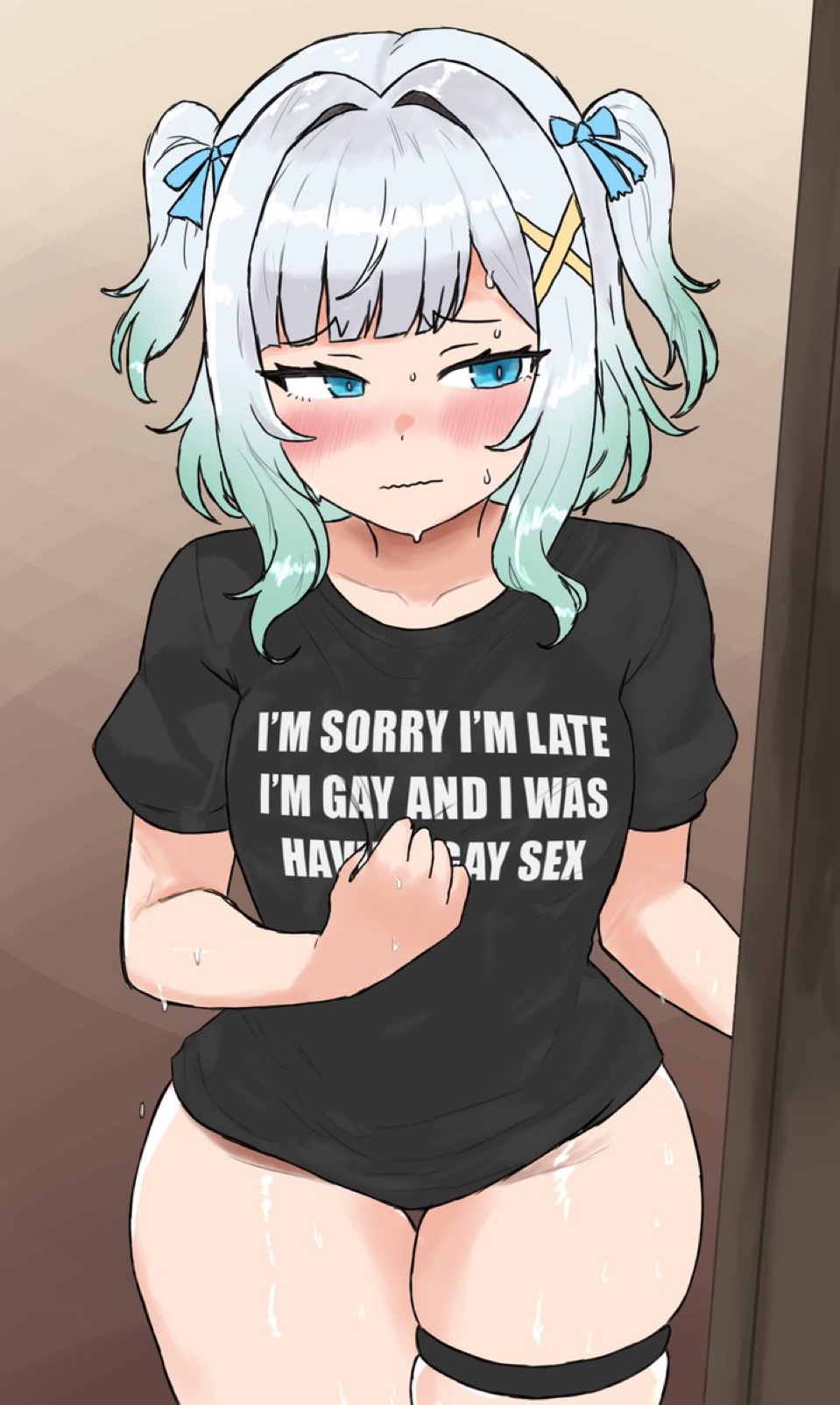1girls, averting eyes, blue eyes, blunt bangs, bottomless, densetsu.exe, female, gradient hair, indie virtual youtuber, lesbian, maid mint, meme attire, mint fantome, nerumichii, no panties, solo female, solo focus, virtual youtuber, vtuber