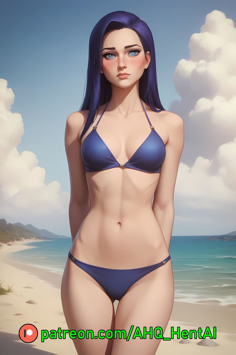 ahq_hentai ai_generated arcane arcane_caitlyn beach bikini blue_bikini blue_hair blush caitlyn_kiramman league_of_legends patreon perfect_body shy stable_diffusion standing