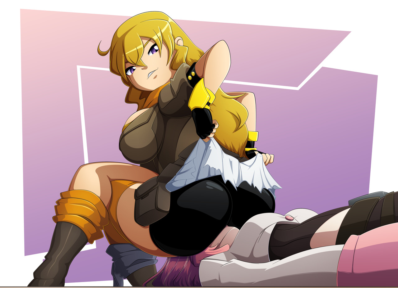 2girls, ass, bike shorts, boots, facesitting, female, female only, heel boots, high heel boots, knee boots, multiple females, multiple girls, neo (rwby), ravenravenraven, rwby, yang xiao long, yuri