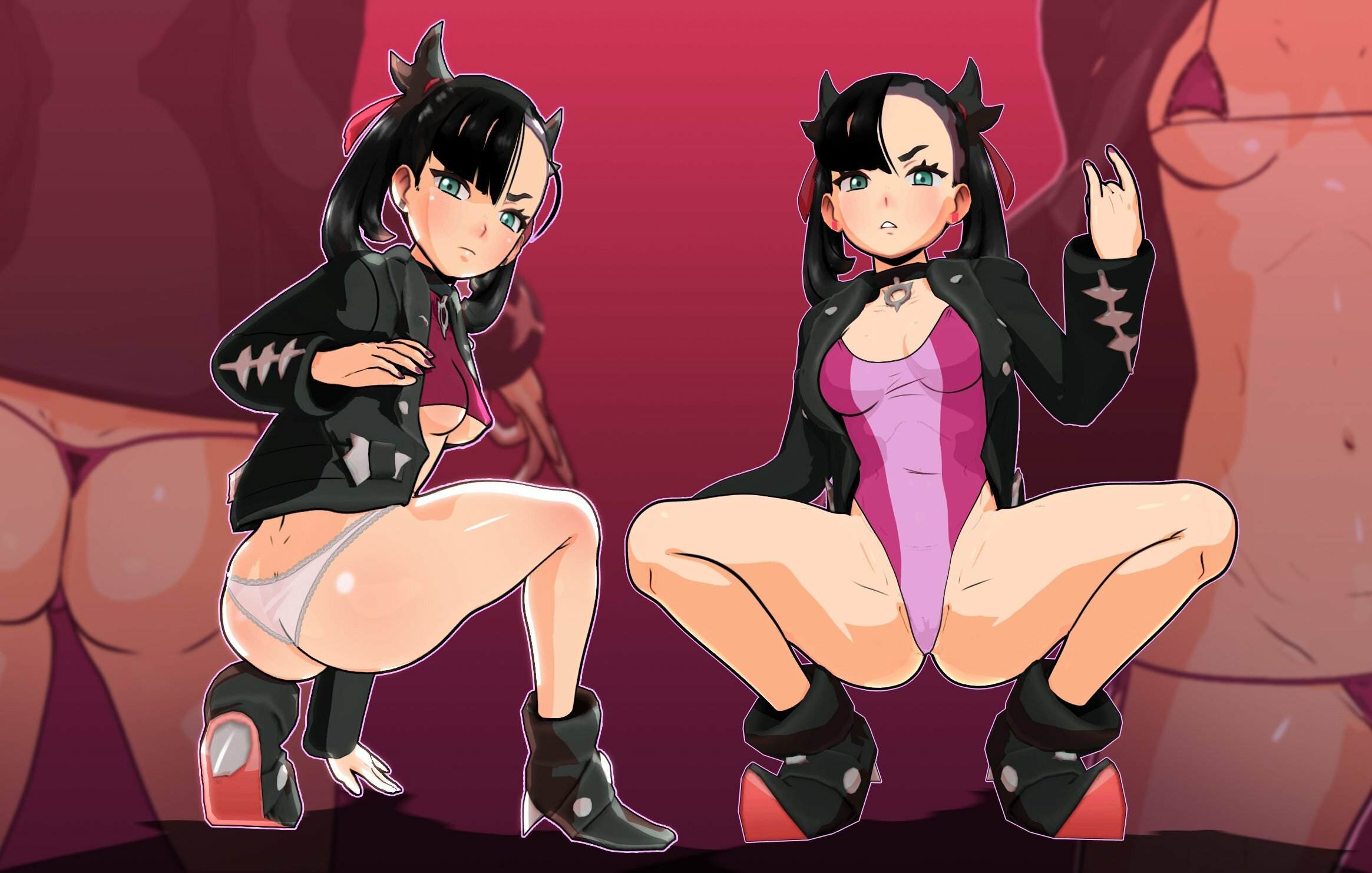 1girls, 3d, abs, ass, belly, blue eyes, blush, bra, breasts, choker, cleavage, crisisbeat, earrings, eye contact, female, female only, fit, hair over one eye, half-closed eyes, human, human only, jacket, looking at viewer, looking back, marnie (pokemon), navel, nintendo, one-piece swimsuit, panties, pokemon, pokemon ss, pose, shoes, solo, spread legs, squatting, swimsuit, thick thighs, thigh gap, thong, underboob, white panties, wide hips, zoom layer
