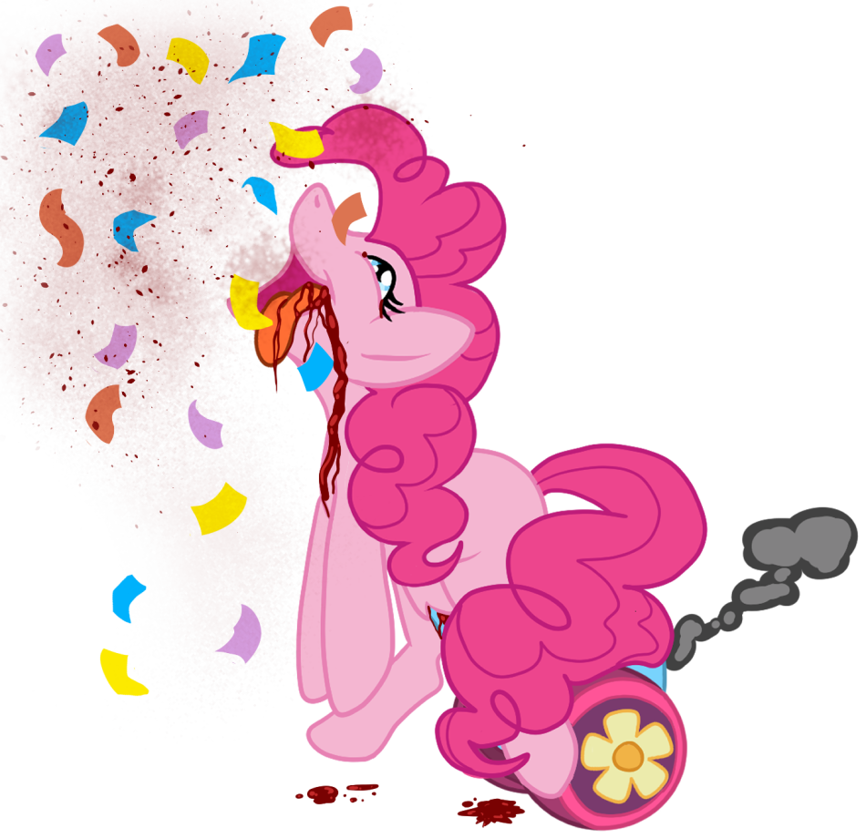 blast blood bodily_fluids cannon confetti death dying equid equine female food friendship_is_magic gore hasbro horse impaled_with_own_weapon laugh littlepinebox mammal my_little_pony party pastry pinkie pinkie_pie_(mlp) pony ranged_weapon snuff solo stretched_pussy trauma weapon