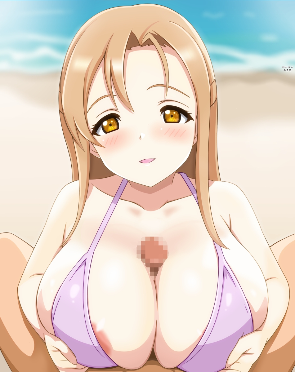 1girls areola_slip bikini breasts_bigger_than_head censored_penis konoe_kanata/haruka's_mother large_breasts love_live! love_live!_nijigasaki_high_school_idol_club milf paizuri paizuri_lead_by_female pov pov_eye_contact pov_paizuri tenkataihe