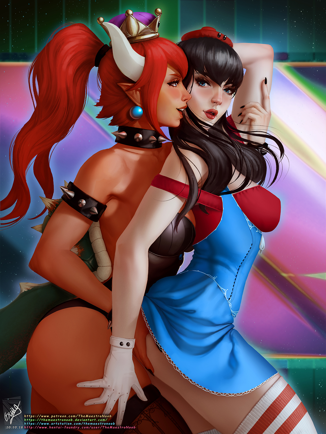 2girls, ass, ass grab, beret, bowsette, dark skin, dark-skinned female, dress, eyeshadow, female, female only, gloves, horns, hourglass figure, human, leotard, lipstick, looking at viewer, makeup, mariette, mario, mario (series), monster girl, nail polish, new super mario bros. u deluxe, nintendo, red bowsette, red hair, rule 63, sexually suggestive, softcore, spiked armlet, spiked bracelet, spiked collar, spiked shell, spiked tail, stockings, super crown, suspenders, themaestronoob, thighhighs, yuri