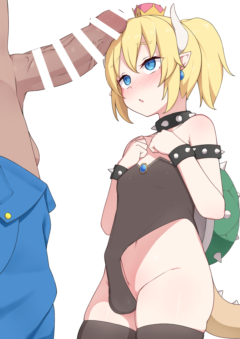 2boys :o age_regression arapi bar_censor black_leotard blonde_hair blue_eyes blush bowsette breasts censored crown earrings erection erection_under_clothes genderswap half-closed_eyes hands_on_own_chest horns huge_cock jewelry large_penis leotard male_bowsette male_only mario_(series) navel new_super_mario_bros._u_deluxe nintendo pale_skin pants pants_pull penis penis_awe penis_on_face penis_on_head personification pointy_ears ponytail rule_63 shell small_breasts super_crown tail thighhighs trap veins veiny_penis