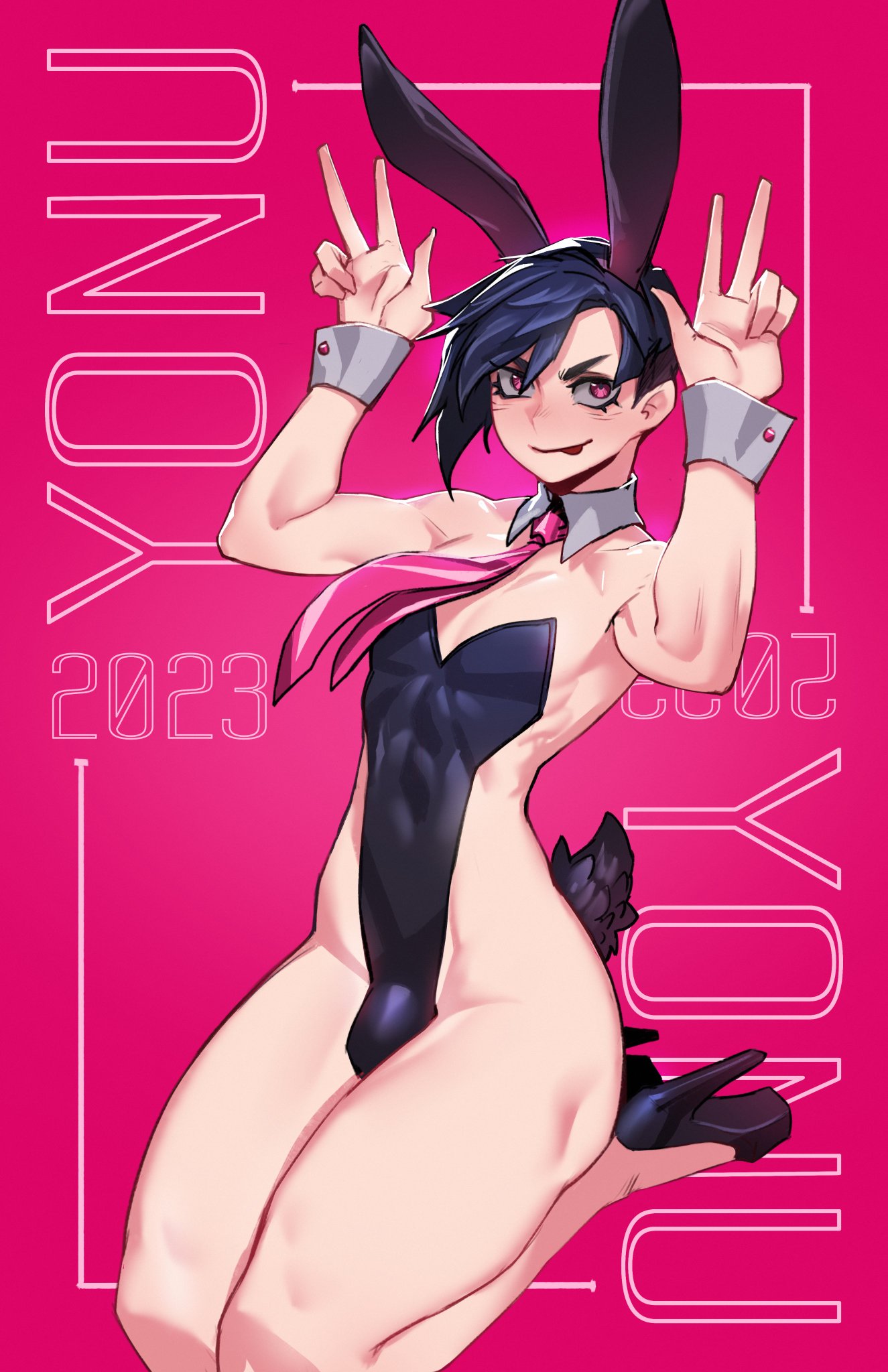 black_hair blush bulge bunny_boy bunny_ears bunny_tail crossdressing femboy haohi_oterin heels highleg solo_male stockings text thong tie yonu_(qtori)