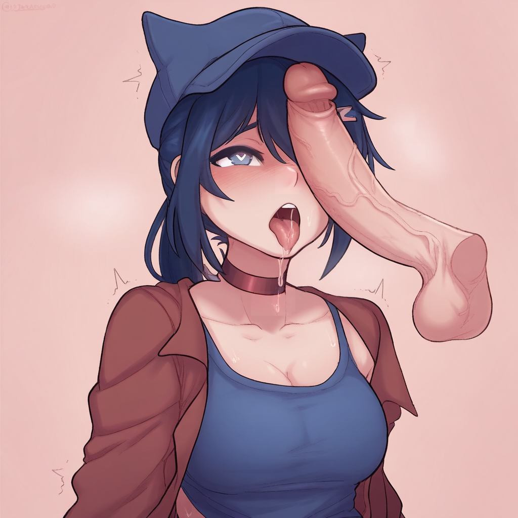 1boy 1girls ahe_gao ai_generated altra_x big_penis blue_eyes blue_hair cat_hat choker hairclip hat heart-shaped_pupils looking_pleasured miside mita_(miside) penis penis_awe penis_on_face saliva saliva_drip shirt tank_top testicles tongue_out trembling upper_teeth_only veiny_penis