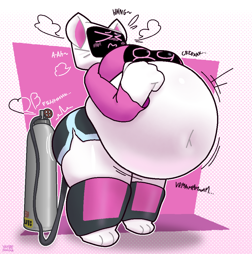 air_tank anthro belly belly_inflation big_belly blush cat_ears closed_eyes creaking display drey_(nicklysuffer) female furry hose_in_butt inflation moaning motion_lines onomatopoeia robot screen_face shorts simple_background t-shirt tv_head yambedoodle