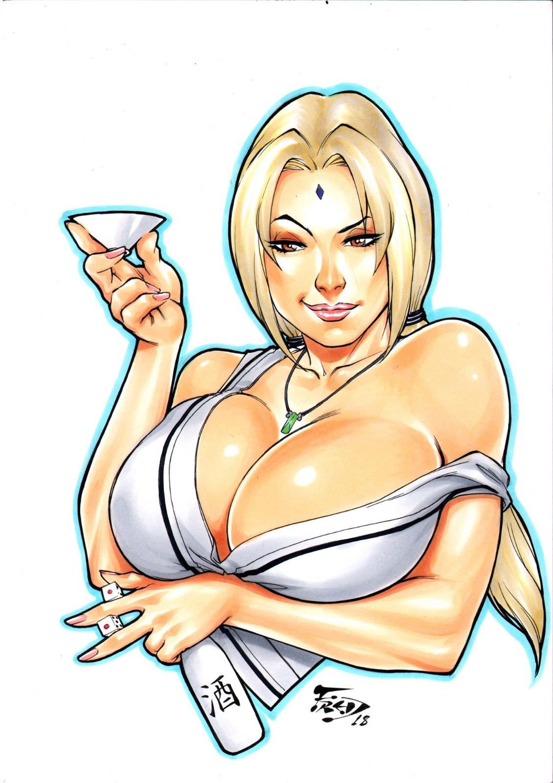 1girls 2018 amber_eyes bare_shoulder big_breasts blonde_hair breasts busty cleavage dated dice drunk ed_benes_studio female female_only forehead_jewel fred_benes hokage human kunoichi nail_polish naruto naruto_(series) naruto_shippuden necklace ninja pink_lips pink_nail_polish pink_nails pinup ponytail raised_eyebrow robe robe_lift sake sake_bottle shirt shirt_slip signature solo top top_lift tsunade upper_body voluptuous white_background white_shirt