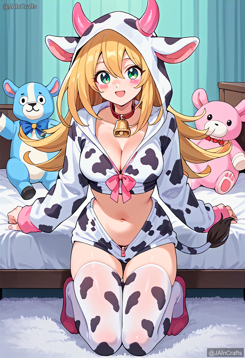 ai_generated bedroom blonde_hair blush cow_bell cow_print dark_magician_girl green_eyes hoodie horns looking_at_viewer on_knees open-mouth_smile stuffed_animal yu-gi-oh!