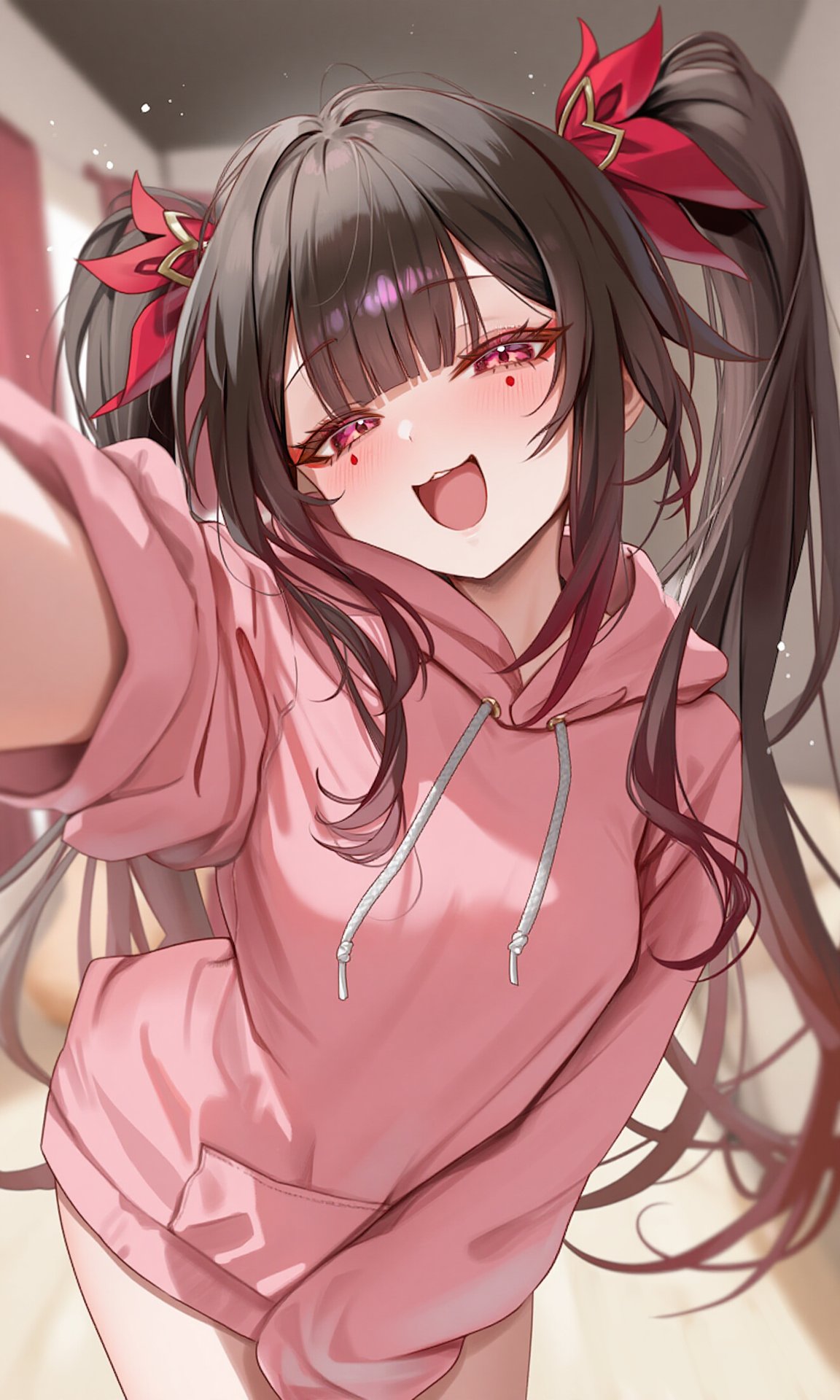 1girls alternate_costume black_hair covering_crotch female hi_res honkai:_star_rail honkai_(series) hoodie pink_hoodie selfie sparkle_(honkai:_star_rail) teasing twintails