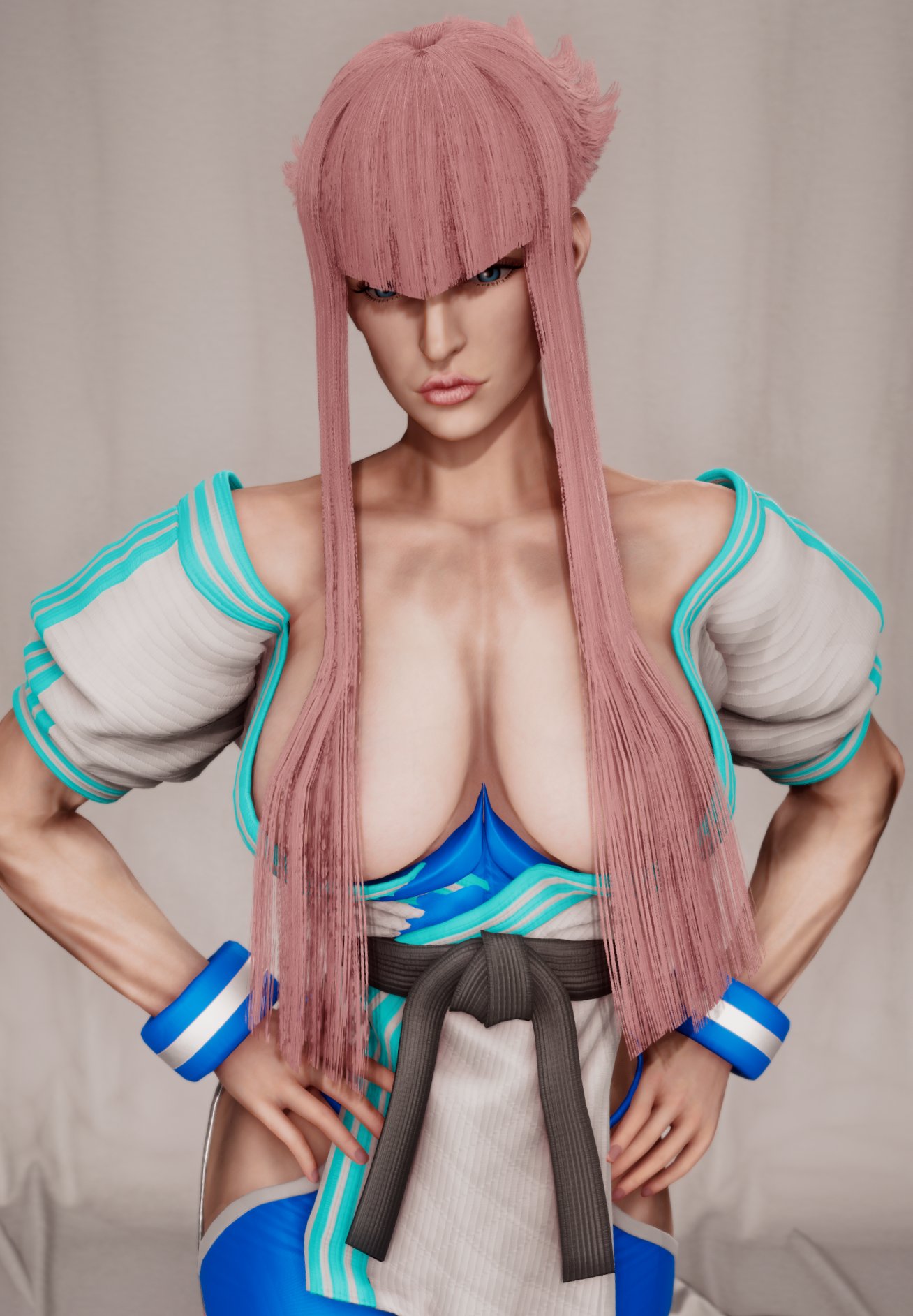 3d athletic athletic_female big_breasts blue_eyes breasts busty capcom ecchi_fighties female female_focus female_only hourglass_figure manon_legrand pink_hair pinup pinup_pose street_fighter street_fighter_6 tagme wide_hips