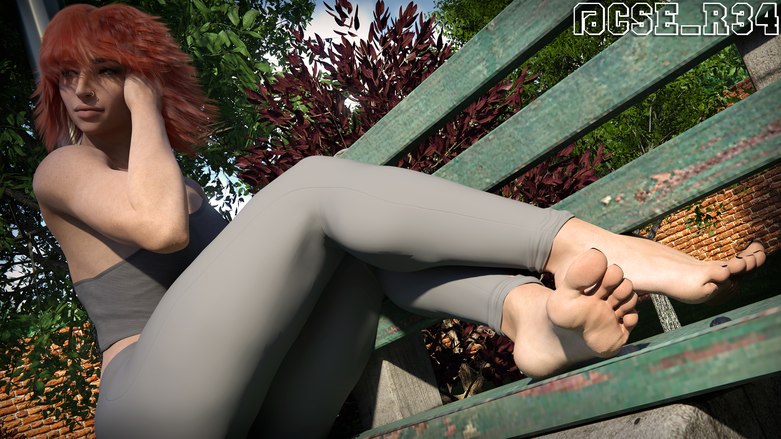 1girls, 2k, athletic, athletic female, black toenails, cse nsfw, daz studio, daz3d, feet, feet focus, female, female focus, fit, fit female, foot fetish, foot focus, ginger hair, leggings, oc, original character, public, realistic, red hair, soles, soles female, solo, solo focus, thighs, toes, yoga pants