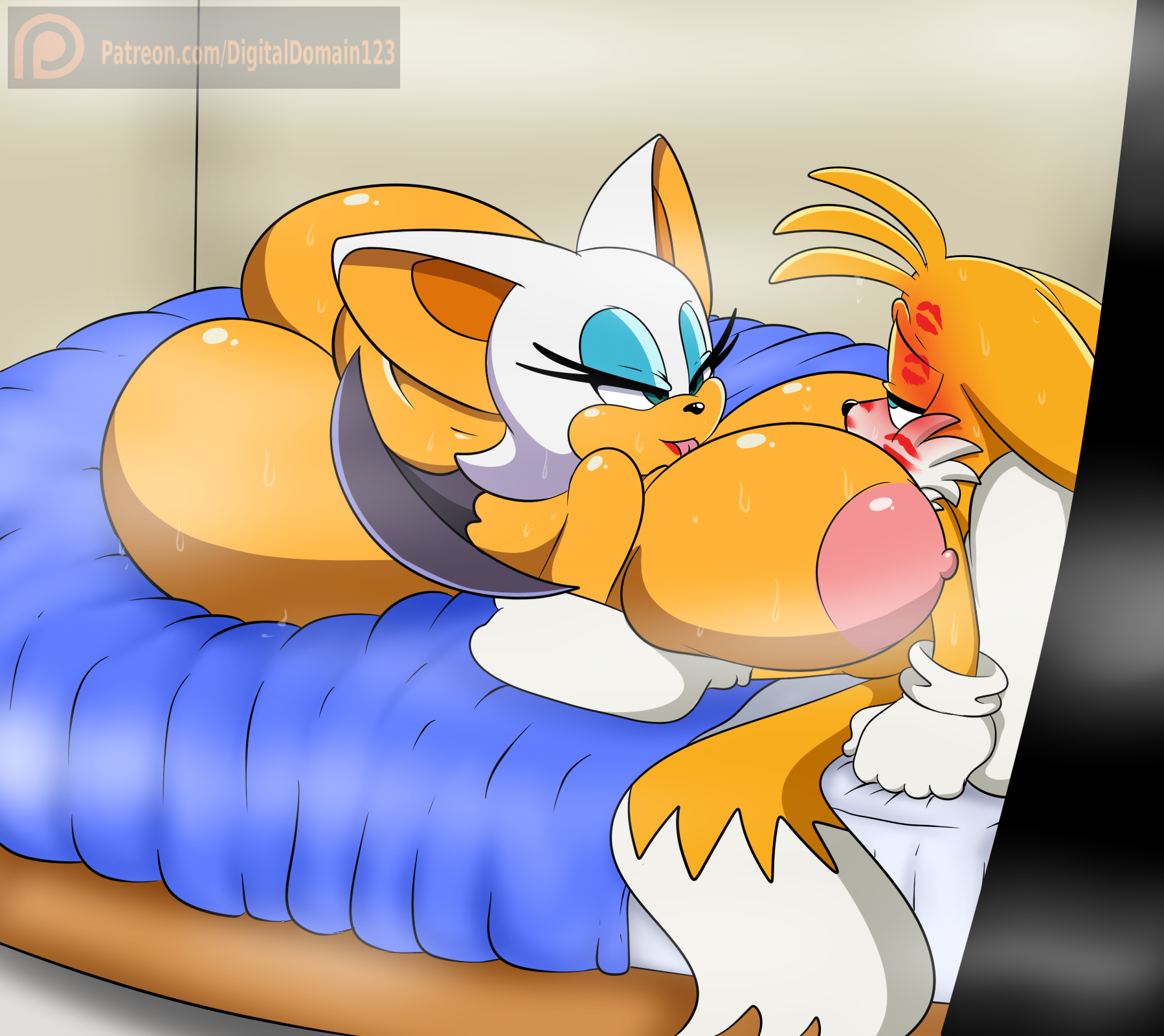 1boy, 1girls, anthro, areolae, ass, bat, bed, big ass, big breasts, black nose, blush, breast smother, breasts, canine, conditional dnp, digitaldomain123, domination, duo, eyeshadow, female, femdom, fox, fur, gloves, heart-shaped butt, hetero, huge areolae, huge ass, huge breasts, interspecies, kiss mark, large ass, large breasts, lipstick, makeup, male, mammal, multi tail, nipples, nude, paizuri, rouge the bat, sega, sex, sonic (series), sonic the hedgehog (series), straight, tail, tails, tails the fox, tan, tan fur, video games, white fur, white hair, yellow fur, yellow hair, young, younger male