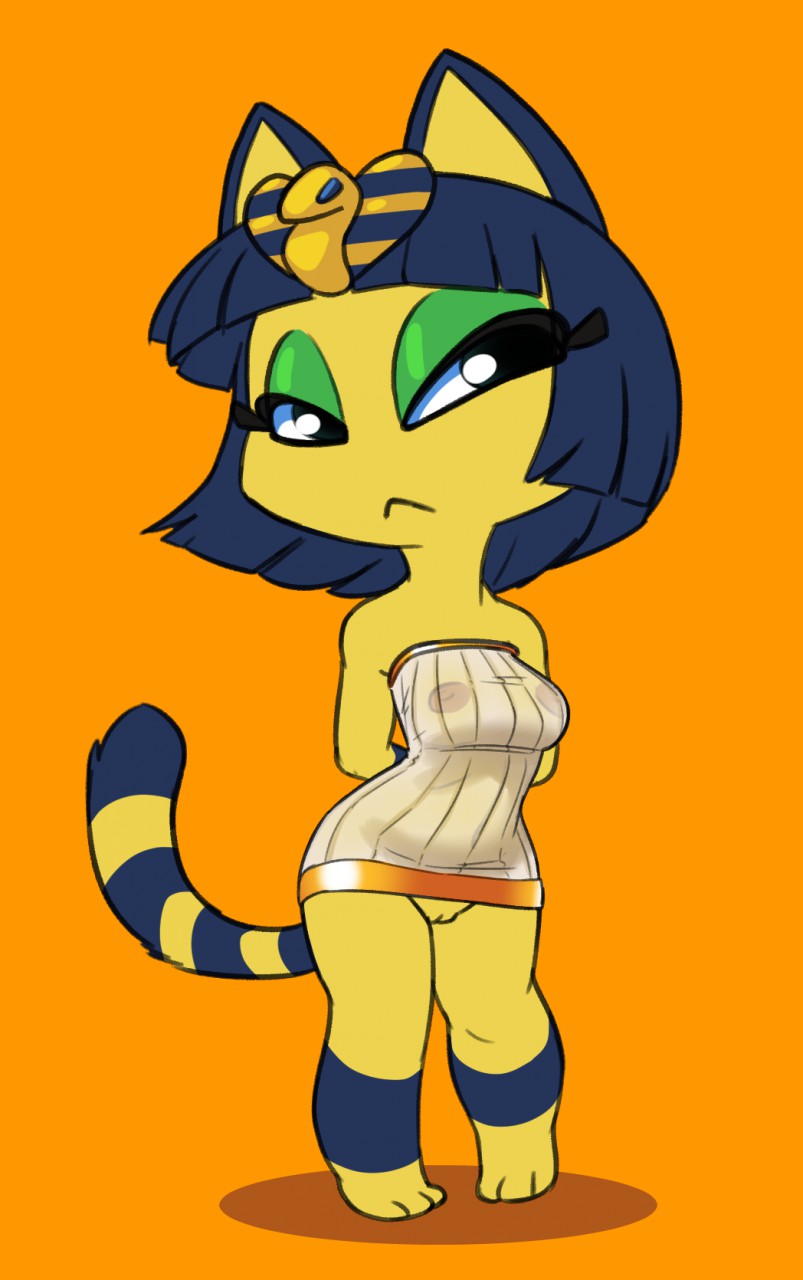 1girls 2018 3_toes alternate_breast_size animal_crossing ankha anthro arms_behind_back barefoot blue_fur blue_hair breasts closed_mouth clothed clothing dress feline female female_only flat_colors front_view frown full_body fur furry furry_only green_eyes hair half-closed_eyes huge_eyes huge_head looking_at_viewer mammal medium_breasts nintendo orange_background pointy_ears pussy short_hair shortstack simple_background siroc solo standing striped_tail tail toony translucent transparent_clothing yellow_fur