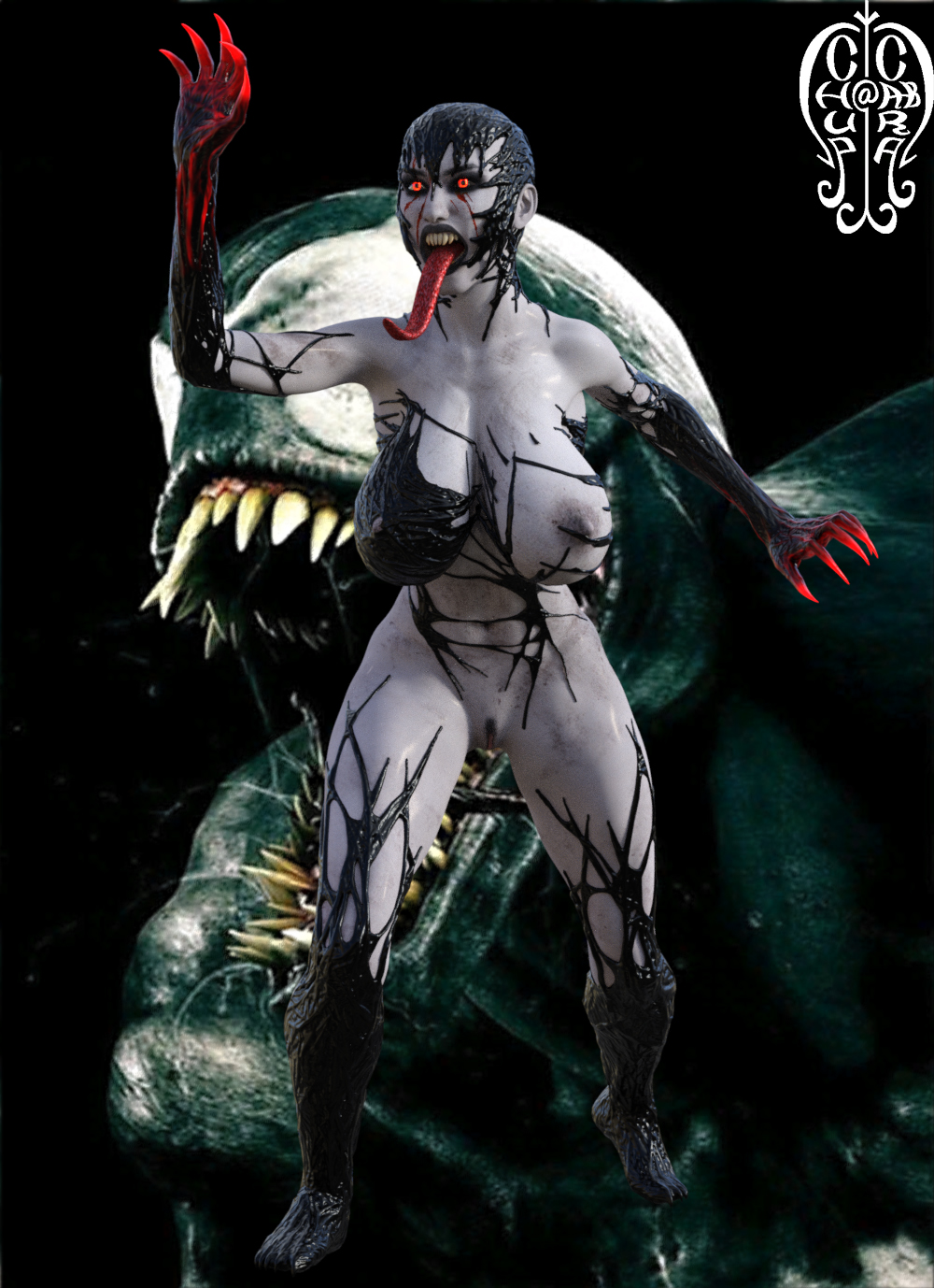 1girls 3d black_sclera blood chup@cabra claws female grey_skin human long_tongue marvel marvel_comics pussy red_eyes rule_63 sharp_teeth she-venom symbiote teeth tongue tongue_out venom venom_(marvel) watermark