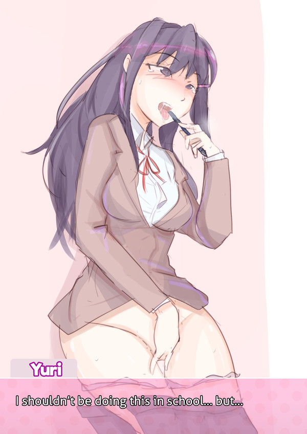 9_9bird background blush clothing doki_doki_literature_club female hair_ornament masturbation pen purple_eyes purple_hair school_uniform simple_background solo text visual_novel yuri_(doki_doki_literature_club)