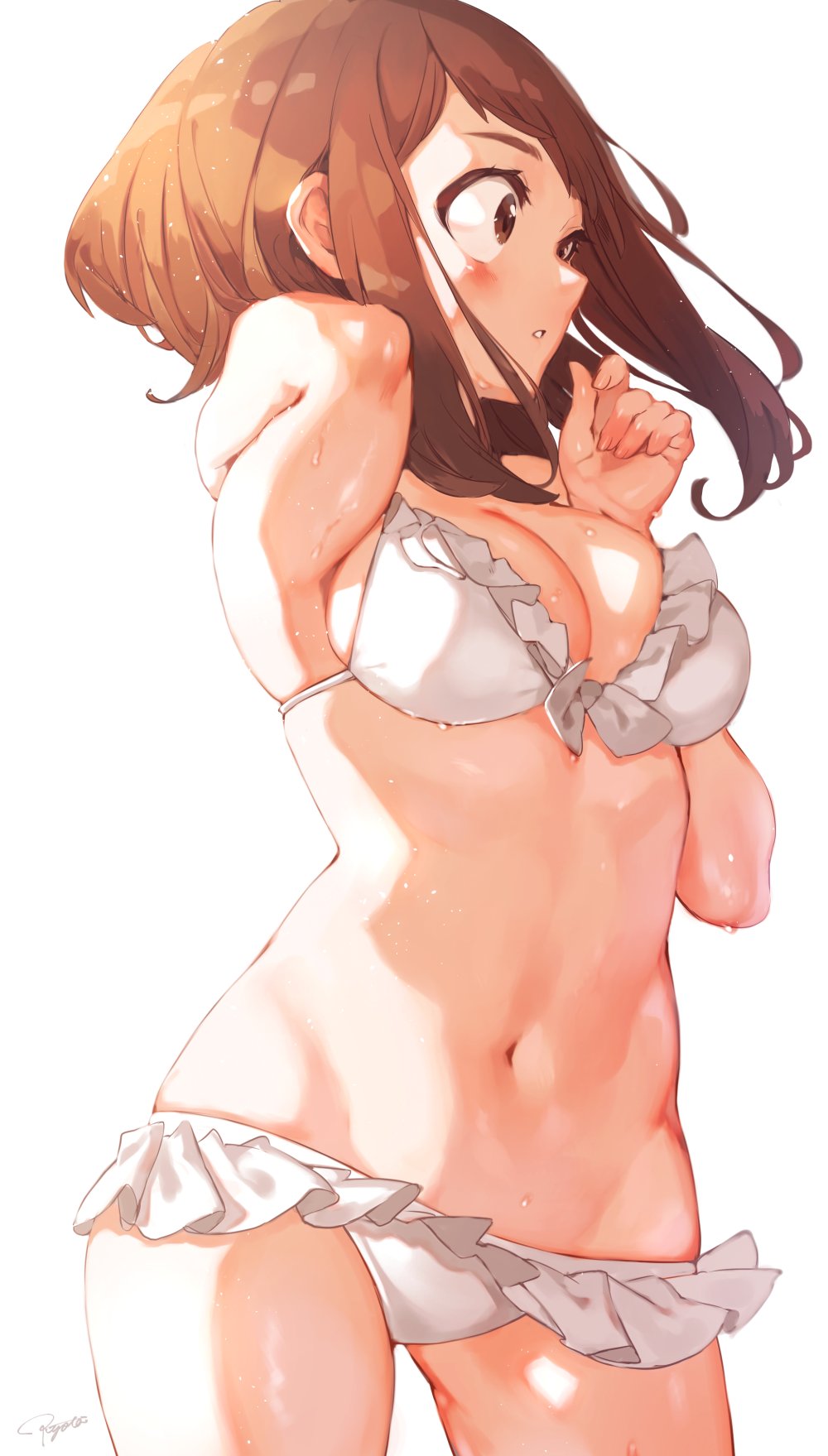 2010s :o arm_behind_back armpits bad_id bad_twitter_id bikini blush bob_cut bra breasts brown_eyes brown_hair cleavage female female frilled_bikini frilled_bra frilled_panties frills hakura_kusa high_resolution looking_to_the_side medium_breasts my_hero_academia navel ochako_uraraka open_mouth pantsu parted_lips ryota_(loose_leaf) ryota_(ry_o_ta) short_hair short_hair_with_long_locks sideboob sidelocks signature simple_background solo standing sweat swimsuit underwear white_background white_bikini white_bra white_panties white_swimsuit white_underwear