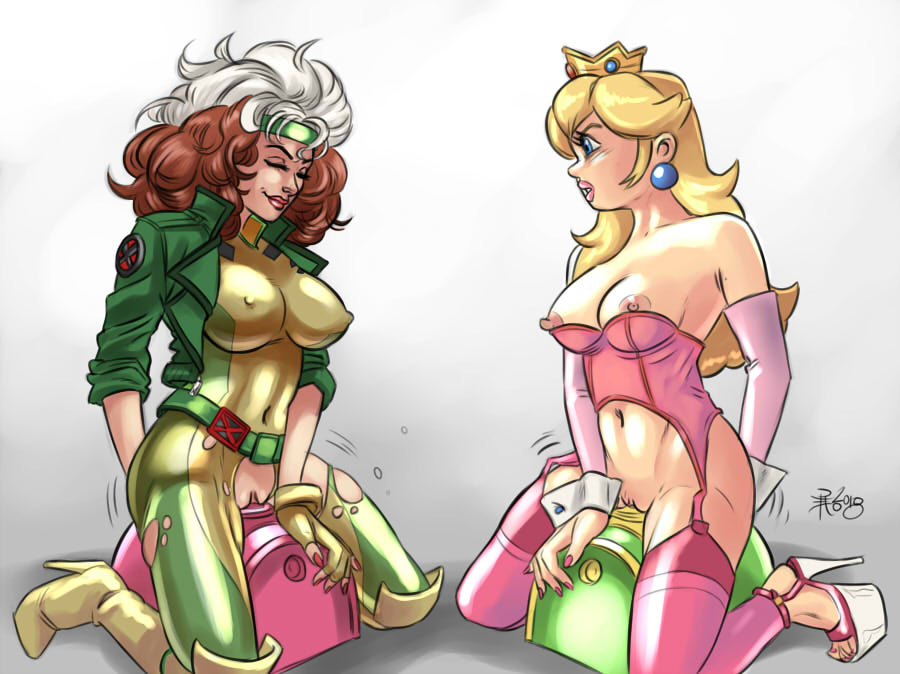 2girls, anna marie, bare shoulders, belt, blonde hair, blue eyes, bodysuit, boots, breasts, brown hair, cleavage, closed eyes, closed mouth, clothing, covered navel, crossover, crown, detached sleeves, earrings, eastern and western character, female, female only, garter straps, gradient background, green jacket, grey background, headband, high heel boots, high heels, highres, human, insertion, jacket, jewelry, kneeling, large breasts, lips, lipstick, long hair, looking at another, makeup, mario (series), marvel, marvel comics, masturbation, medium breasts, multiple females, multiple girls, mutant, nail polish, navel, neck, nintendo, nipple bulge, nipple slip, nipples, nipples visible through clothing, open toe shoes, parted lips, pink legwear, pink lipstick, pink nails, princess peach, psicoero, pussy, red lipstick, red nails, rogue (x-men), sex machine, simple background, strapless, sybian, thighhighs, torn bodysuit, trembling, white hair, wrist cuffs, x-men