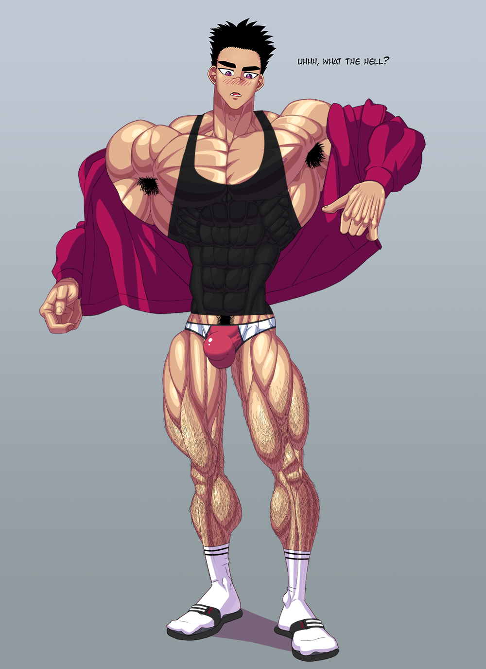 1boy abs biribeast_(artist) looking_at_viewer male_only mane muscles sandals tank_top underwear white_socks