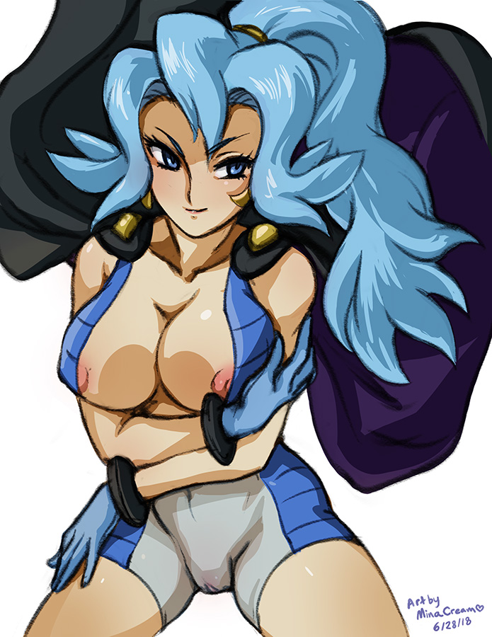 1girls, areolae, artist name, big breasts, blue eyes, blue hair, blue-haired female, breasts, clair (pokemon), clothing, female, female only, hair, human, human only, long hair, minacream, nintendo, nipple bulge, pokemon, pokemon gsc, ponytail, signature, solo, tied hair, video games