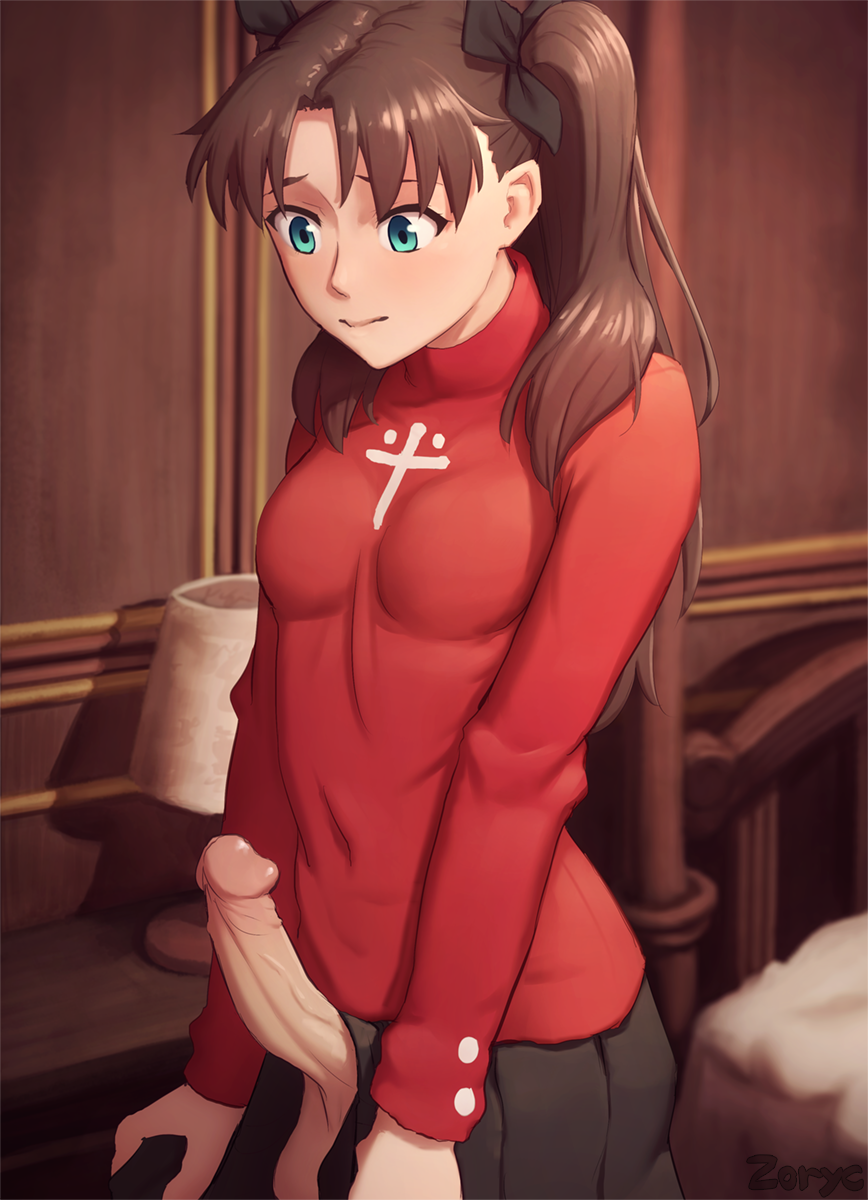 1futa balls dickgirl erection fate/stay_night fate_(series) futa_only futanari intersex penis solo testicles tohsaka_rin zoryc