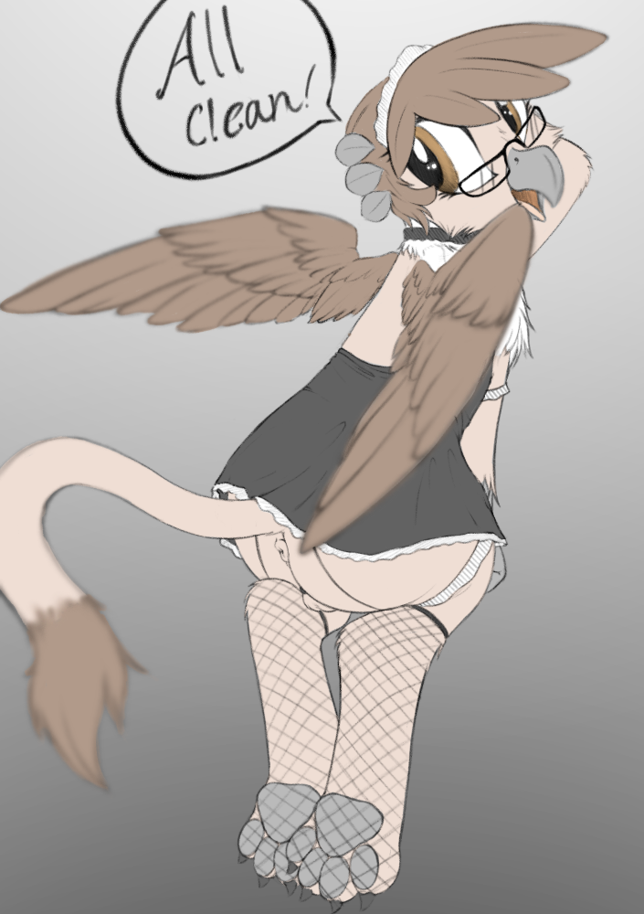 2018 4_toes all_fours anthro anus ass avian balls beak black_claws brown_eyes brown_feathers brown_hair brown_wings choker claws clothed clothing dialogue english_text eyewear feathered_wings feathers fishnet fur girly glasses graboiidz gradient_background grey_beak grey_pawpads hair hippogryph looking_at_viewer looking_back maid_uniform male my_little_pony open_mouth pawpads presenting presenting_hindquarters puffy_anus rear_view restricted_palette short_hair simple_background solo speech_bubble tail_tuft talking_to_viewer tan_balls tan_fur tan_tail text toe_claws toes tuft uniform wings