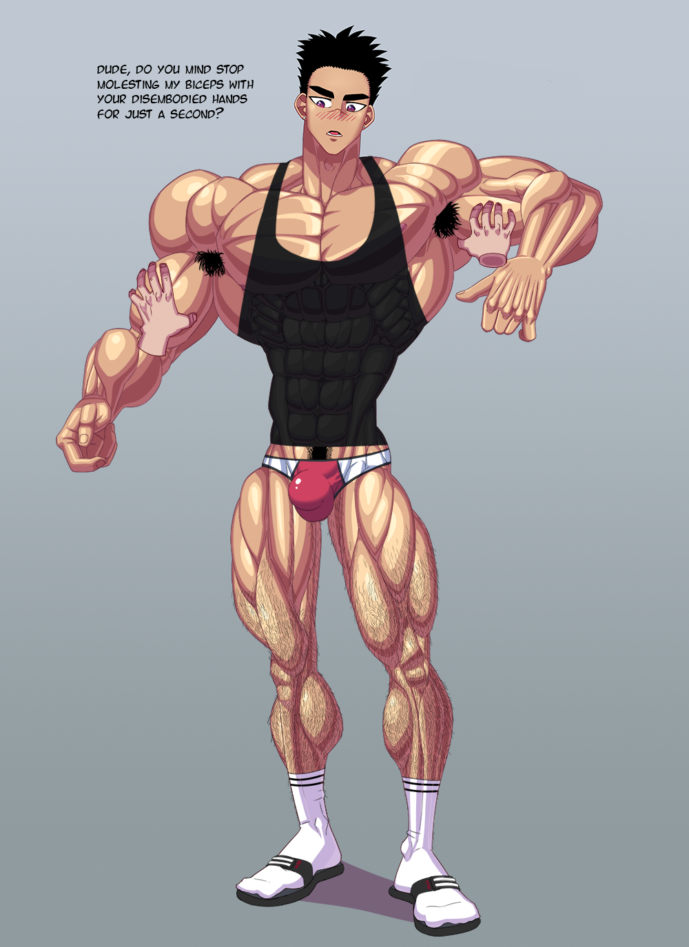 1boy abs biribeast_(artist) disembodied_hand looking_at_viewer male_only mane muscles sandals tank_top underwear white_socks