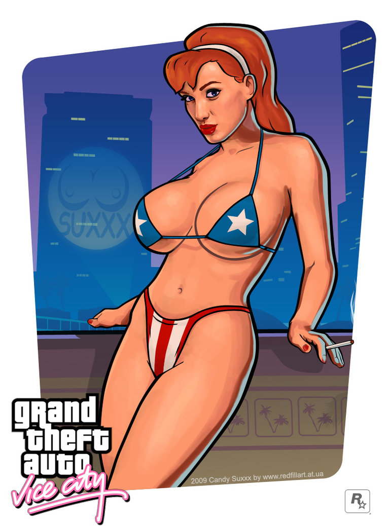 1girls 2009 american_flag american_flag_bikini blue_eyes breasts building candy_suxxx cigarette cleavage female female_only grand_theft_auto grand_theft_auto:_vice_city hairband large_breasts looking_at_viewer medium_breasts nail_polish orange_hair red_lips redfill rockstar_games solo