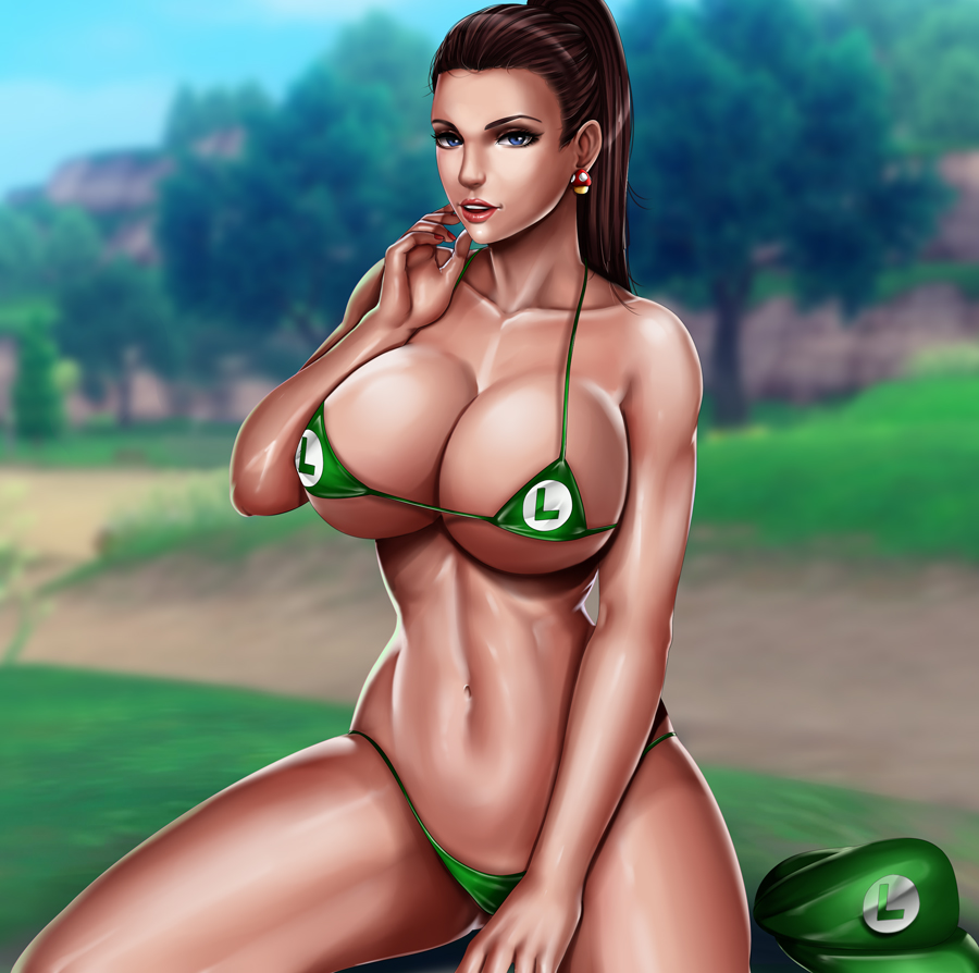 1girls bikini black_hair blue_eyes breasts brown_hair cleavage earrings female female_only female_version flowerxl front_view genderbend genderbent genderswap_(mtf) green_bikini green_hat hourglass_figure huge_breasts long_hair looking_at_viewer luigi mario_(series) mushroom navel nintendo on_knees pale-skinned_female pale_skin ponytail red_lipstick rule_63 sitting solo video_game_character