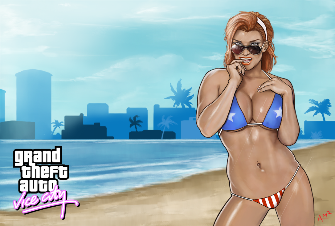 1girls, american flag, american flag bikini, beach, biting finger, breasts, candy suxxx, city, cleavage, collarbone, female, female only, grand theft auto, grand theft auto: vice city, hellhoundforhire, leaning, looking over eyewear, looking over glasses, looking over sunglasses, medium breasts, ocean, orange hair, palm tree, sunglasses, tinted eyewear