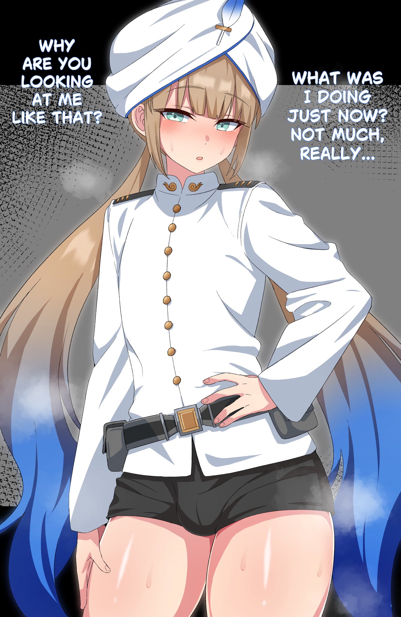 1boy, alternate version available, bare shoulders, belt, blue eyes, blue hair, blush, bulge, english text, fate (series), fate/grand order, femboy, femboy focus, front view, girly, gray hair, hand on hip, hat, human, light skin, light-skinned femboy, light-skinned male, long hair, looking at viewer, male, male focus, male only, multicolored hair, nemo (fate), shiny, shiny skin, simple background, solo, standing, swea, sweat, text, tied hair, trap, twintails, vein, very long hair, zanegoodell