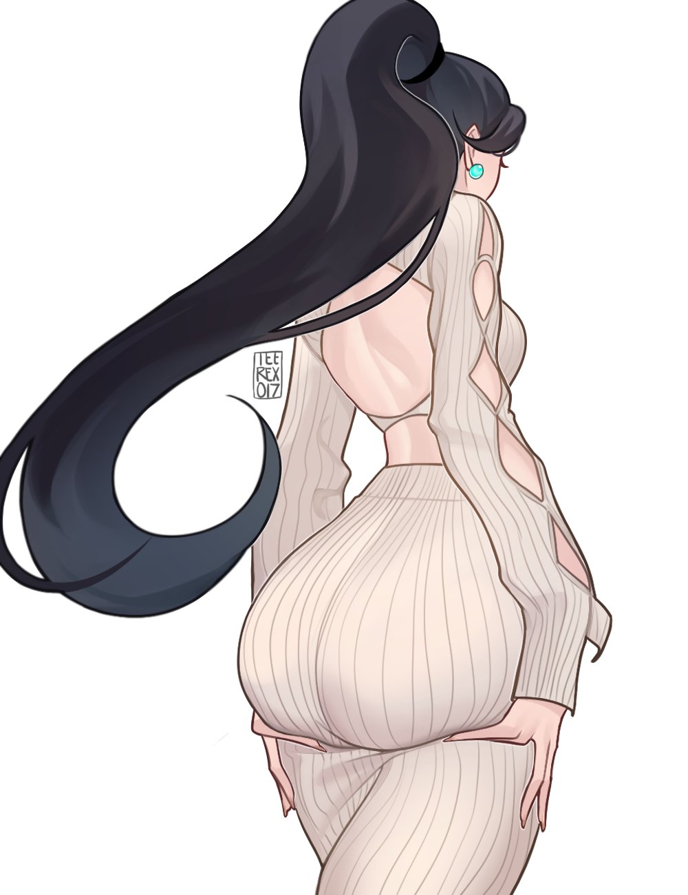 1girls, ass, ass grab, back, back view, big ass, black hair, clothed, clothed female, clothing, dress, ear piercing, earrings, fat ass, female, female only, hi res, light skin, light-skinned male, male, piercing, ponytail, sage (valorant), solo, valorant, very long hair