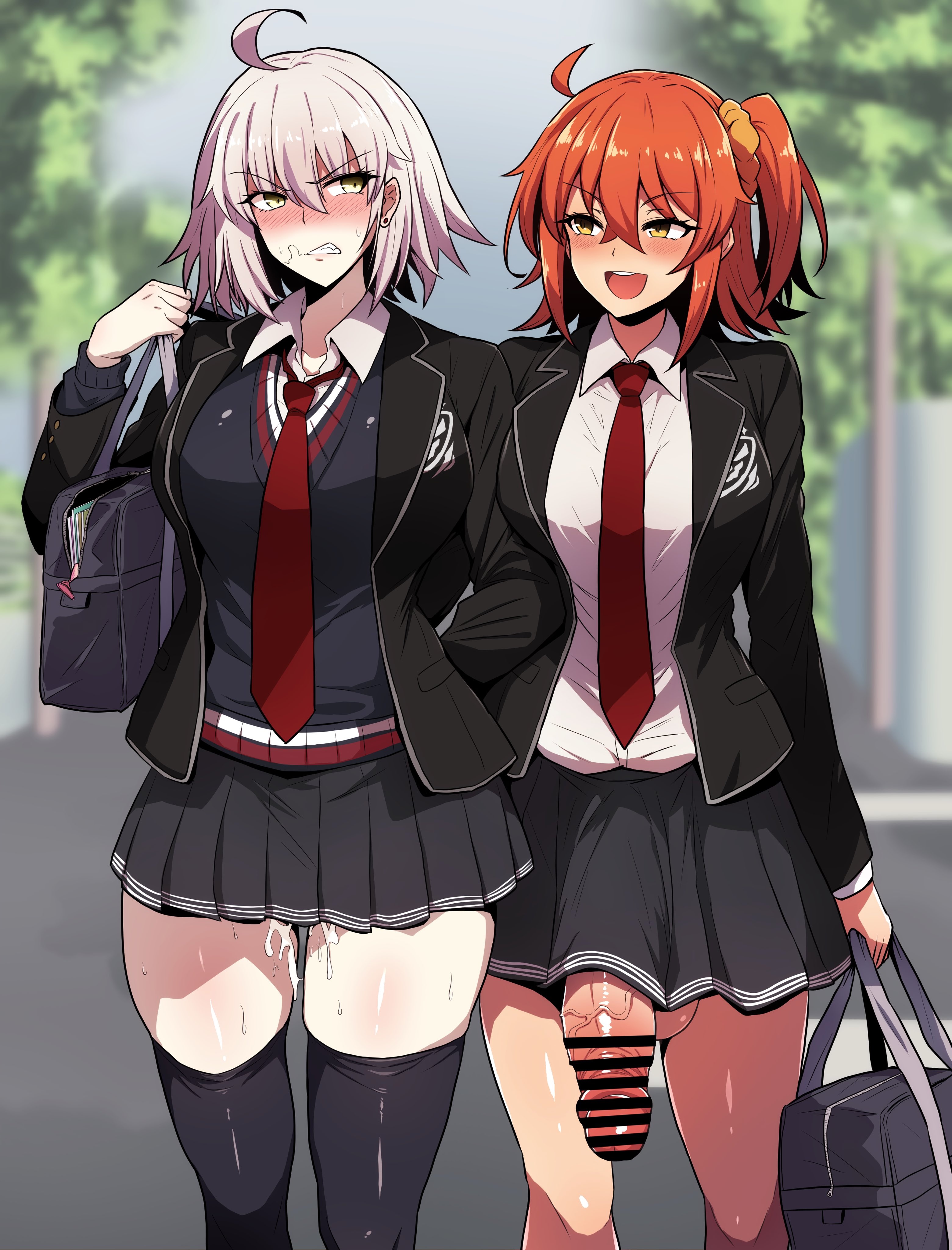 1futa, 1girls, after sex, big breasts, blush, bottomless, breasts, censored, clothed, clothing, cum, cum drip, erection, fate (series), fate/grand order, female, fujimaru ritsuka (female), futa on female, futanari, gudako, huge cock, human, intersex, jeanne d'arc alter (fate), light skin, light-skinned female, light-skinned futa, mochiume9, mostly clothed, orange hair, penis, pubic hair in mouth, school uniform, standing, stray pubic hair, white hair, yellow eyes