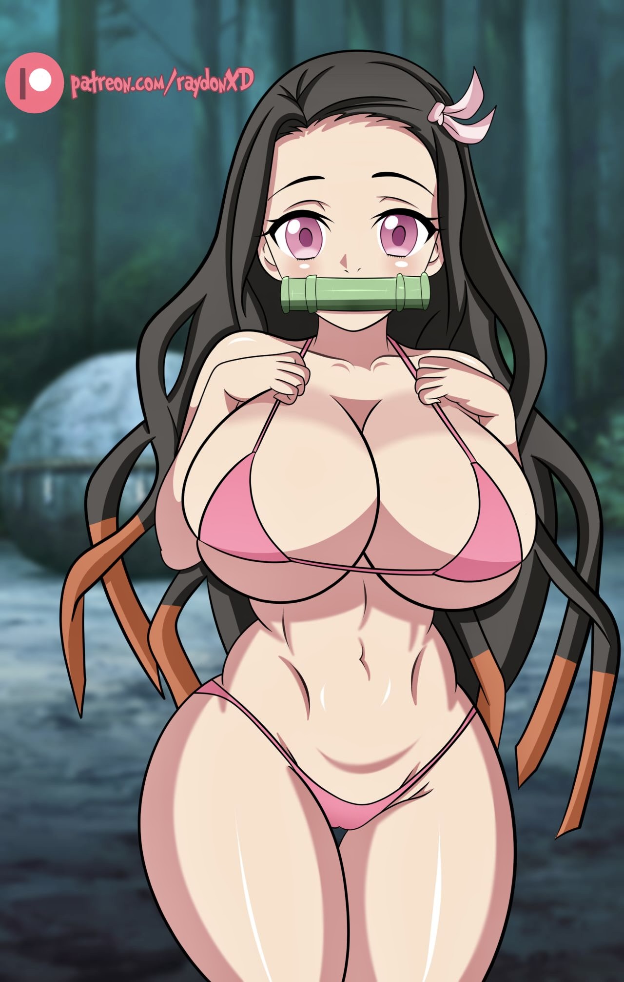 1girls, alternate breast size, artist name, big breasts, bikini, black hair, black-haired female, blurry background, blush, breasts, demon slayer, female, gigantic breasts, hi res, huge breasts, kamado nezuko, large breasts, looking at viewer, pink bikini, shounen jump, url, watermark, younger female