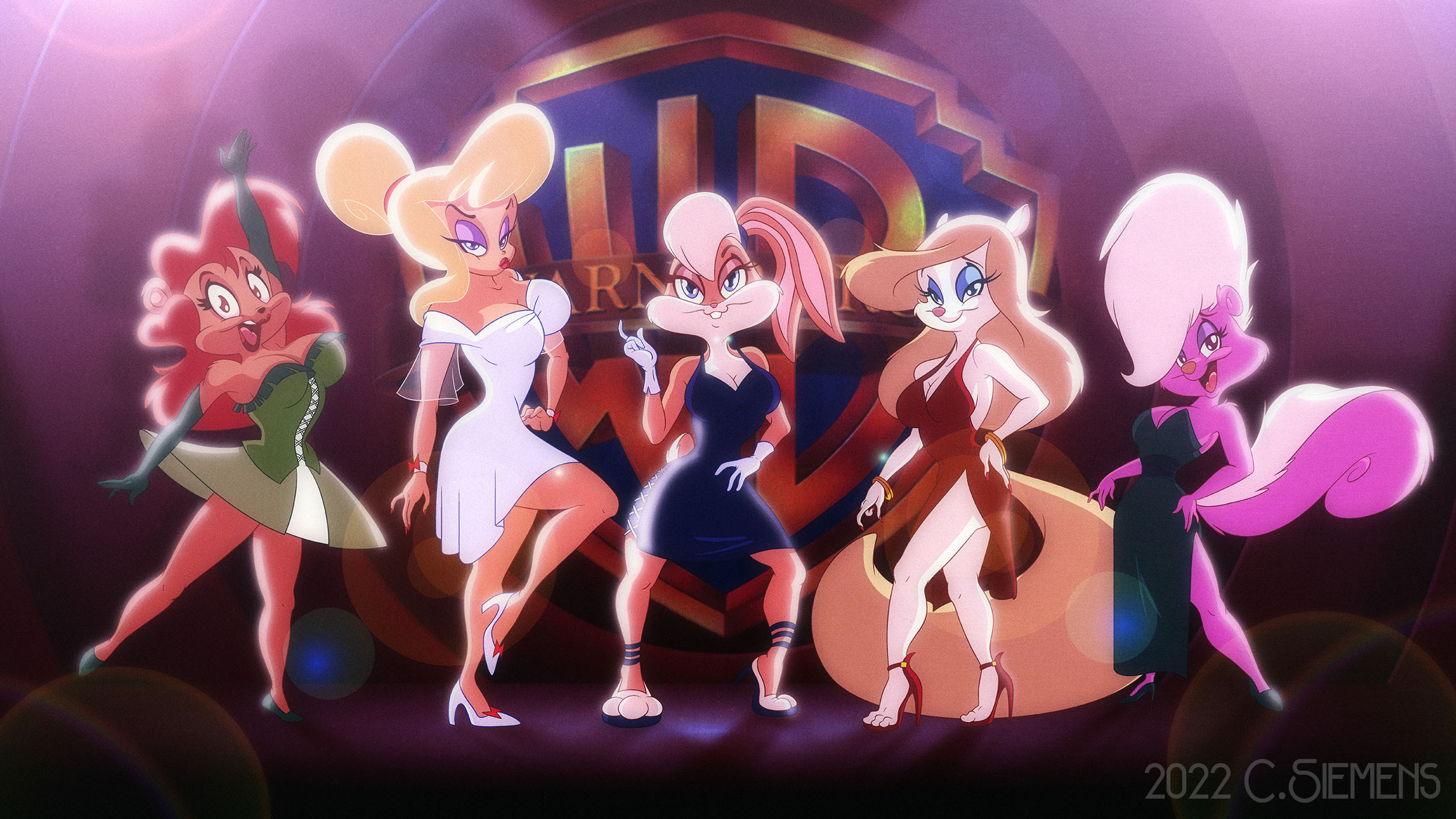 2022, animaniacs, anthro, art, at, bare legs, bear, bimbette, blonde hair, body, brother, brothers, bunny, clothes, dawgweazle, digital, dress, elegant, feet, female, fur, furry, group, hair, heels, hello nurse, high, human, julie bruin, lagomorph, legs, lola bunny, looking, looney, looney tunes, mammal, minerva mink, mink, mustelid, pink rabbit, sexy, shoes, skunk, tail, tan, tiny toon adventures, tv, warner bros, warner bros. animation, warner brothers, white