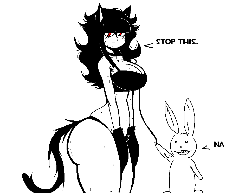 armpit hair, bell, blush, breasts, cat ears, cat tail, female, leash, lingerie, male, messy hair, monochrome, needlemouse (series), pubic hair, red eyes, sarah henderson (needlemouse), self insert, short male, sweat, tagme, taller female, wide hips, ykujo